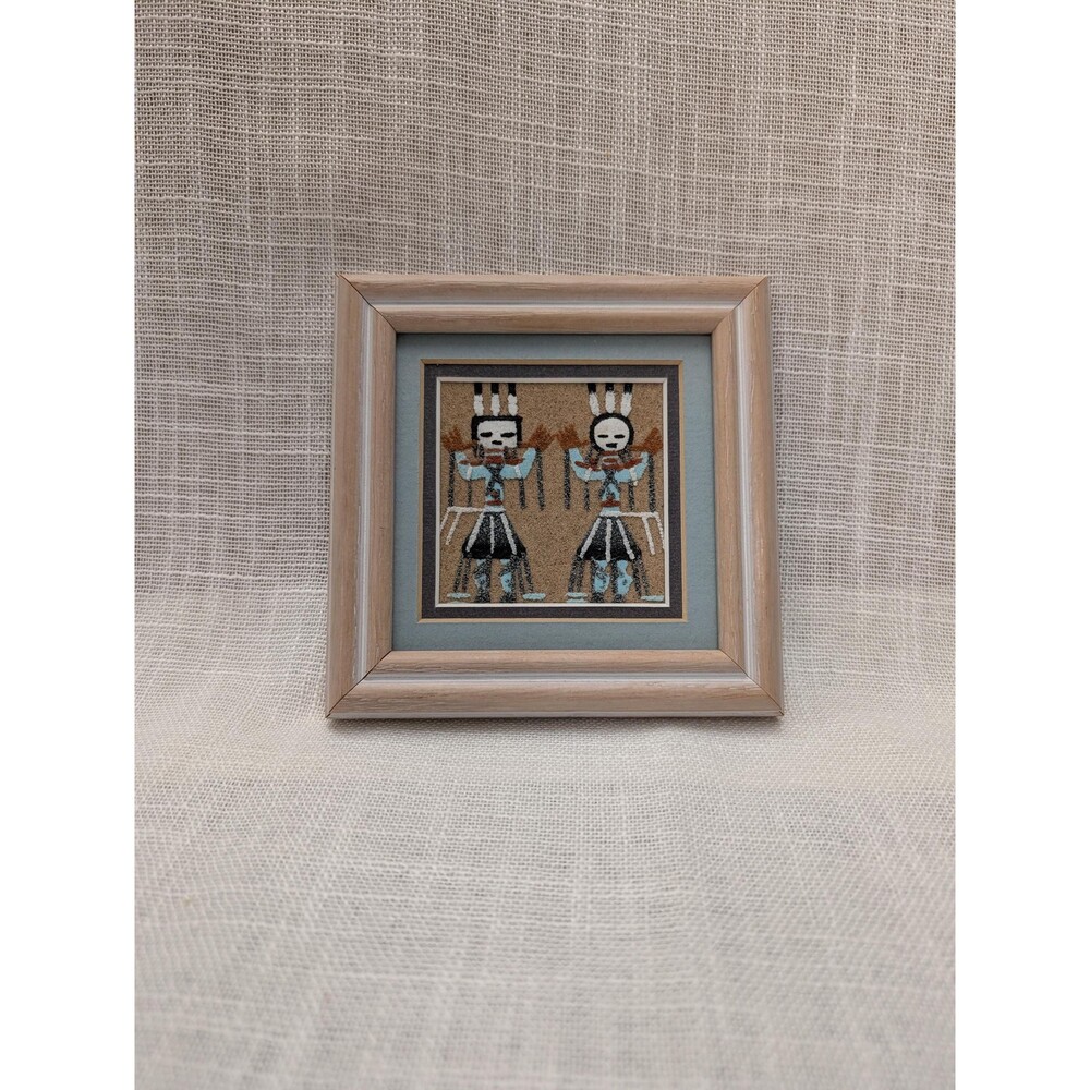 Vintage Small Framed Handmade Navajo Sand Painting Depicting Kachina Figures